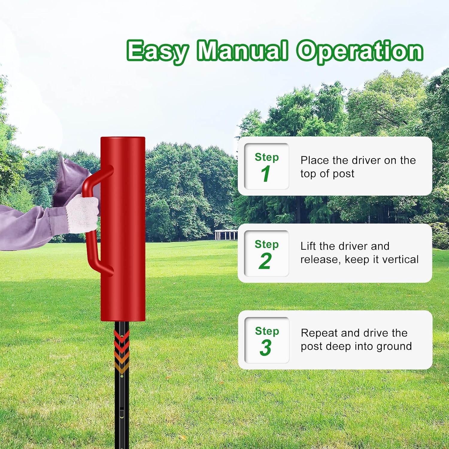 Fence Post Driver with Handle 17LB, T Post Pounder for Wire Fencing, Red