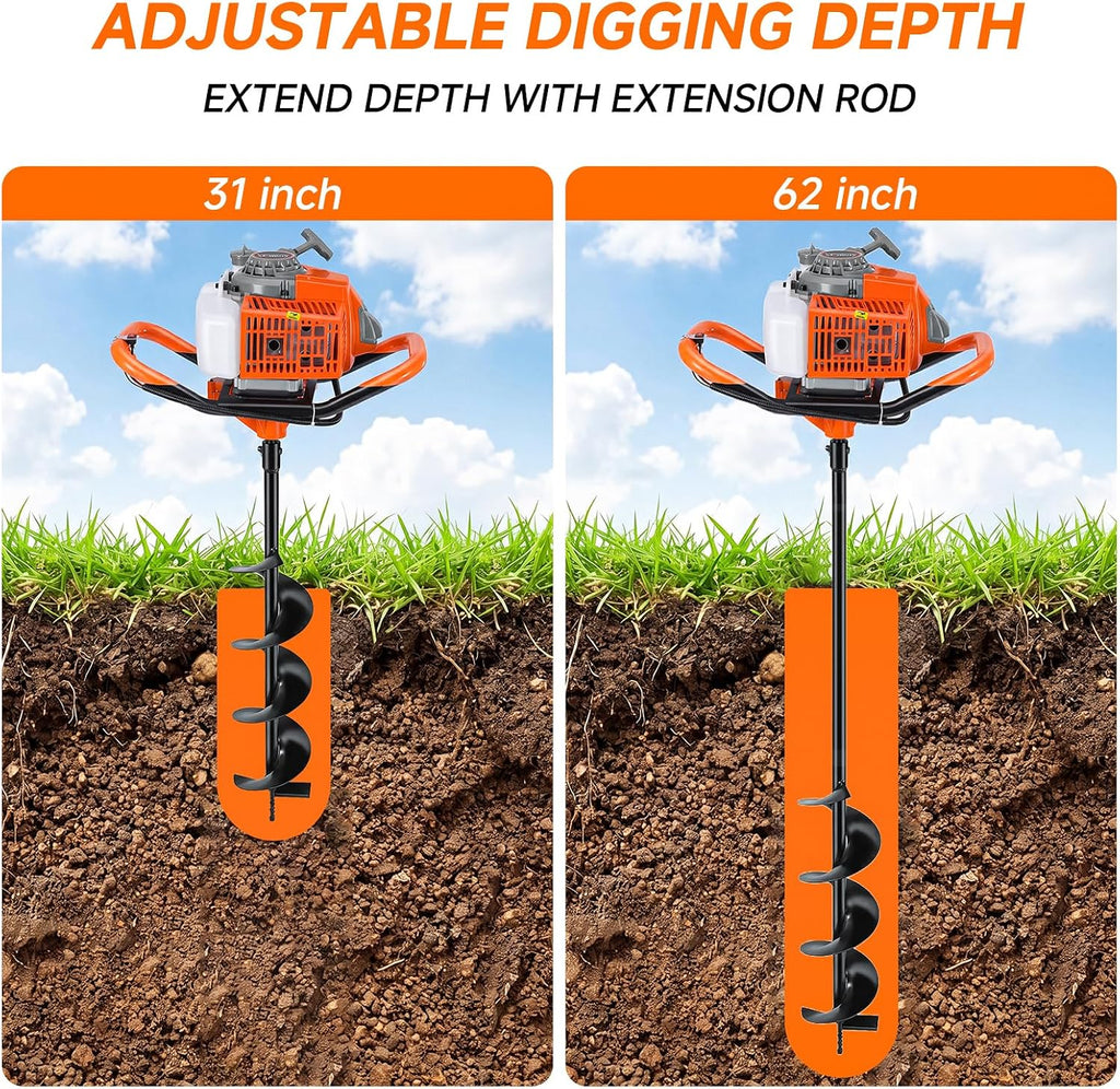 72CC Auger Post Hole Digger with 6" 8" Drill Bits +1 Extension Rod | Powerful 2-Stroke Gas Powered Earth Drilling