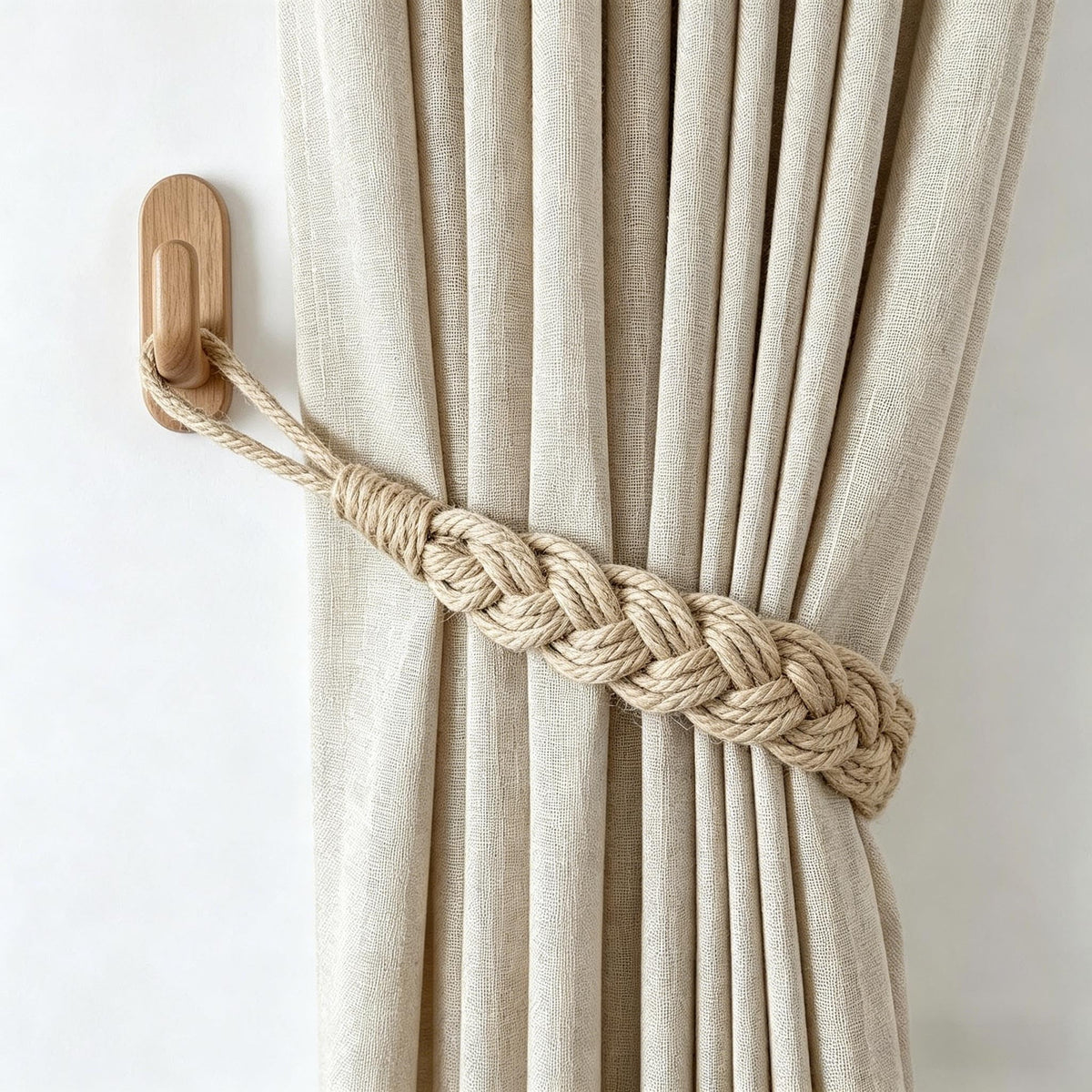 Hand-Braided Cotton Curtain Tiebacks with Wall Hooks, Boho Window Curtain Tie Back Holdback, 25 inch Extra Long Rope