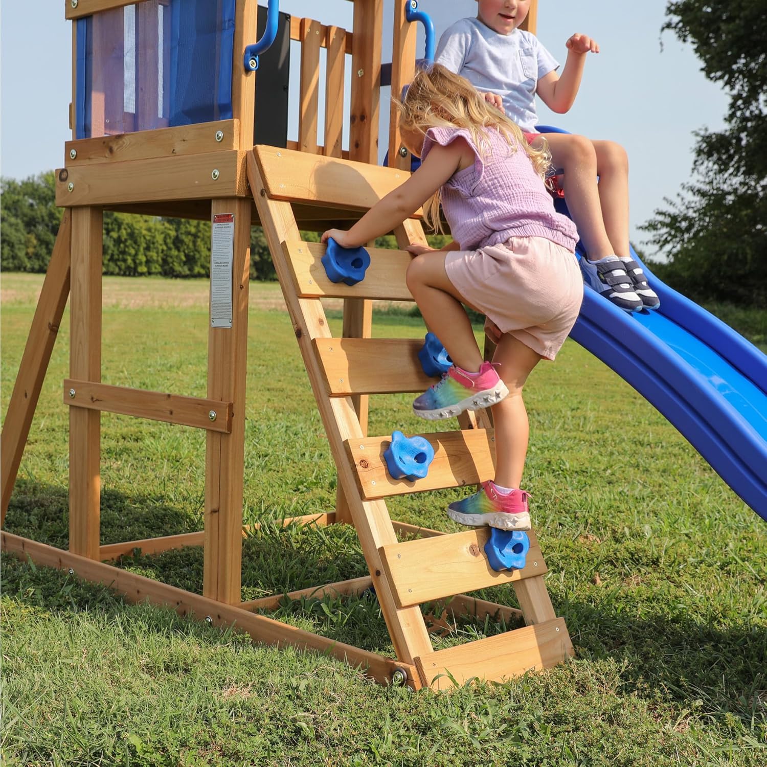 Bay Pointe Cedar Wood Swing Set with Wave Slide, Play Deck, Rock Wall Ladder, Belt Swings, Chalkboard, Canopy Roof