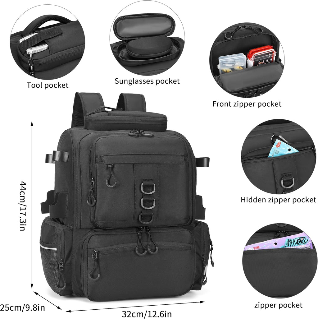 Fishing Tackle Backpack, 45L Storage Waterproof Travel Bag Store Fishing Gear with Insulated Top Pocket