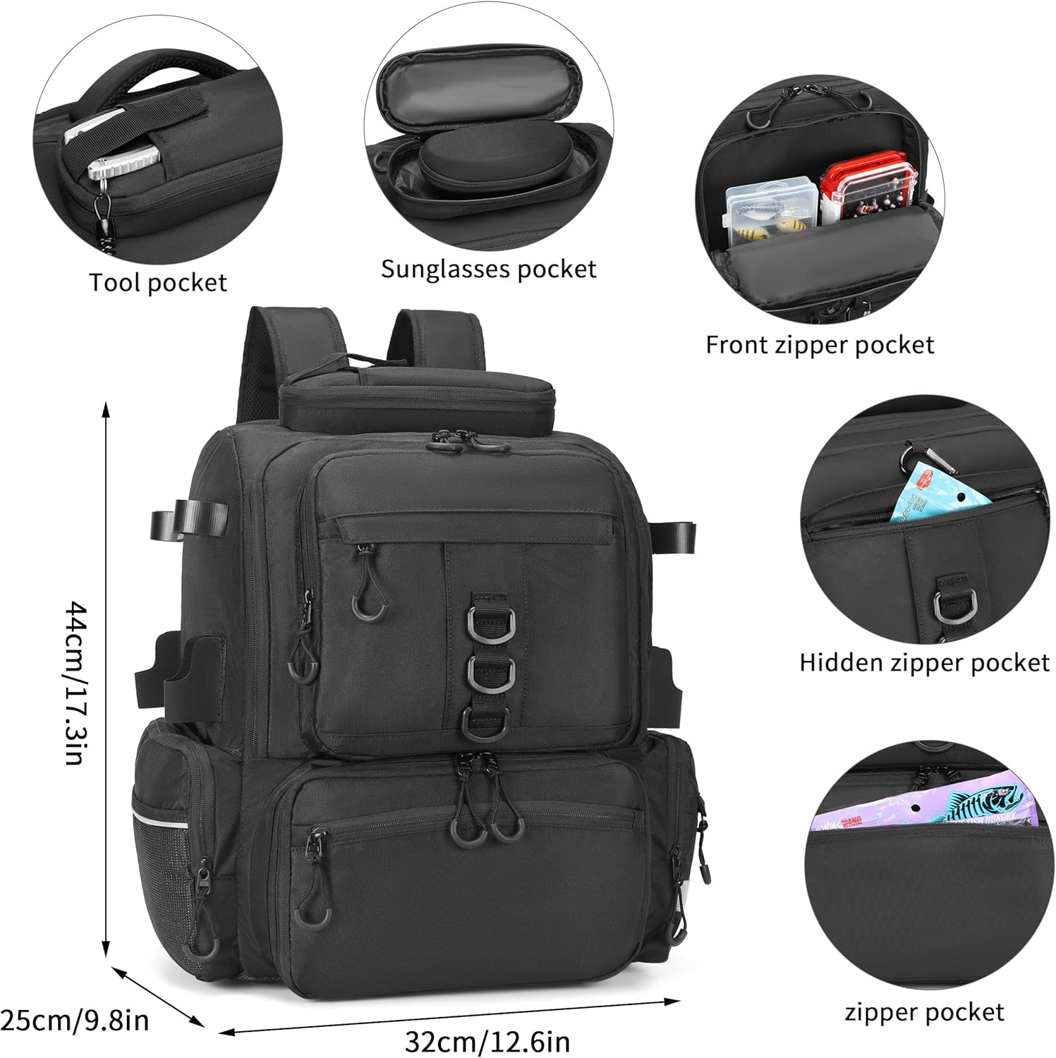 Fishing Tackle Backpack, 45L Storage Waterproof Travel Bag Store Fishing Gear with Insulated Top Pocket