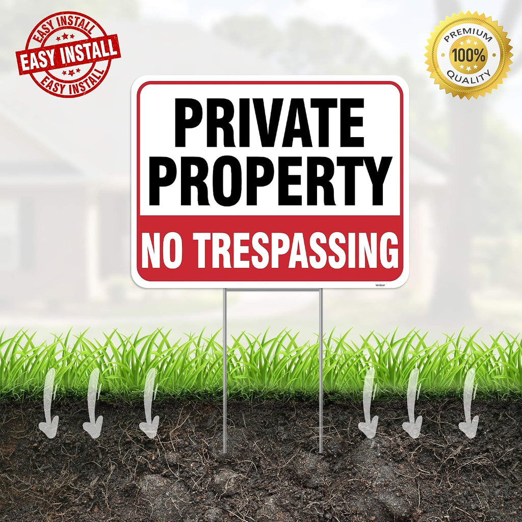 2PC Private Property No Trespassing Sign with Metal Stakes, 17"x13" - Corrugated Plastic - No Trespass Keep Out