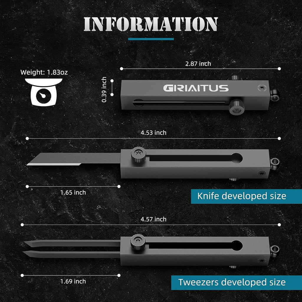 2-in-1 EDC Pocket Knife Keychain Tweezers Multitool, Box Cutter Tool, Black | Retractable with Locking Mechanism