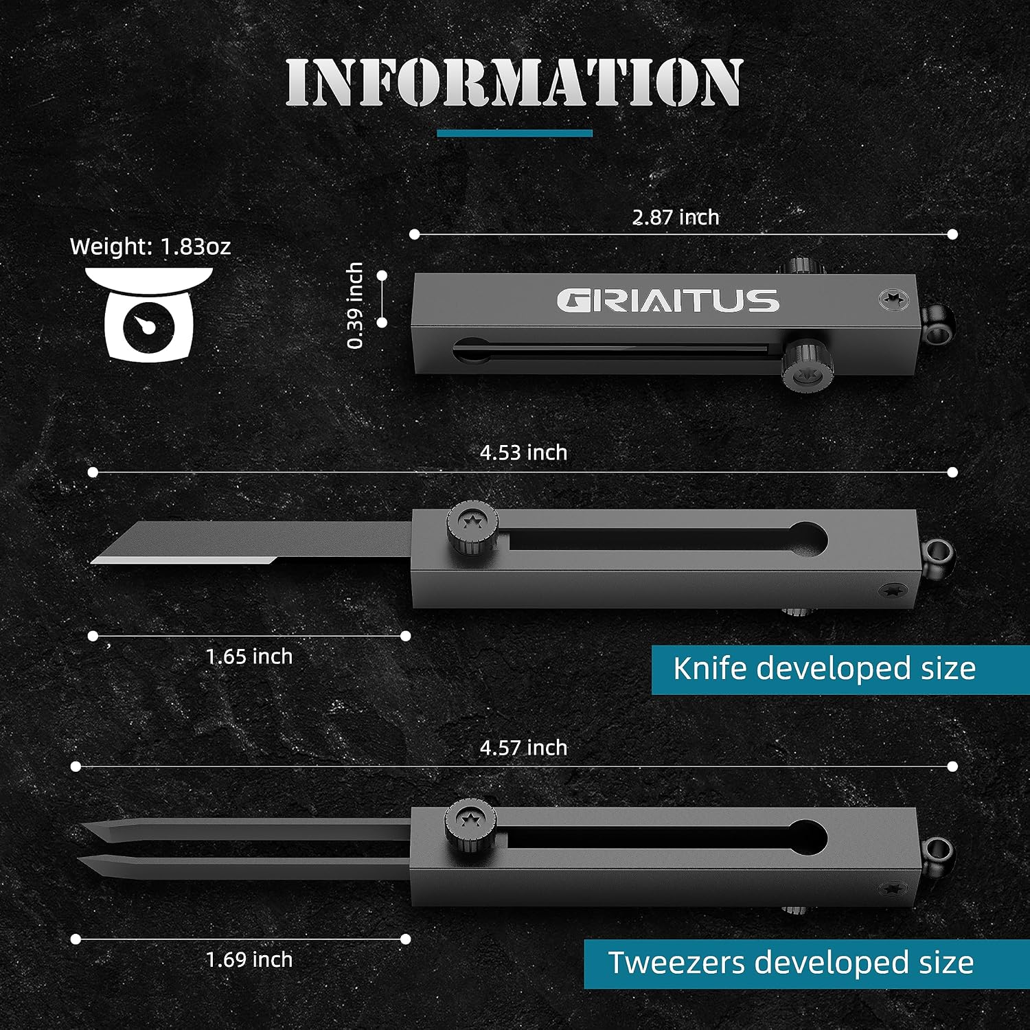 2-in-1 EDC Pocket Knife Keychain Tweezers Multitool, Box Cutter Tool, Black | Retractable with Locking Mechanism