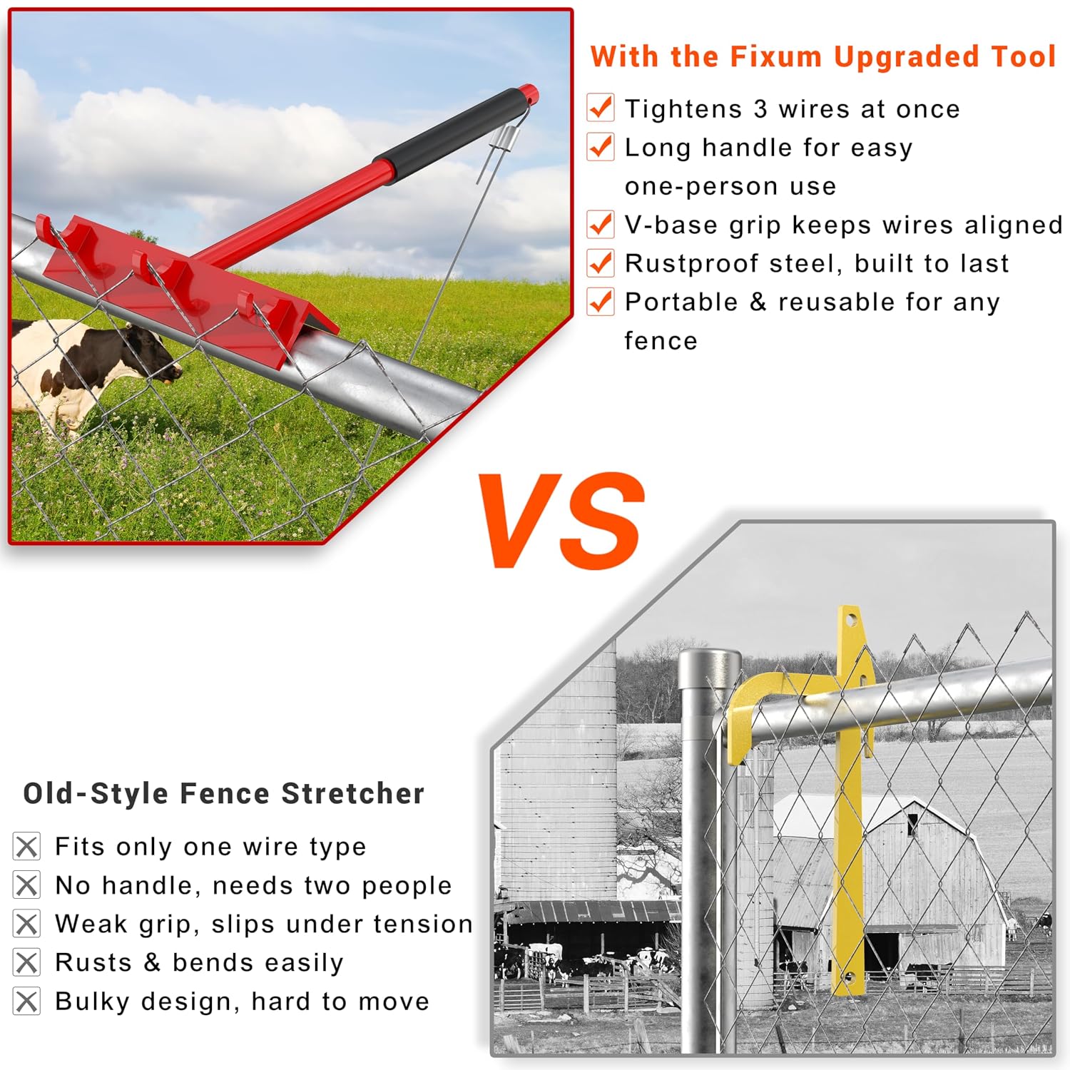 Chain Link Fence Top Rail Tensioner Tool, Heavy-Duty Steel Stretcher with 3 Hooks & 28" Cable Hook, 300 lbs Pull