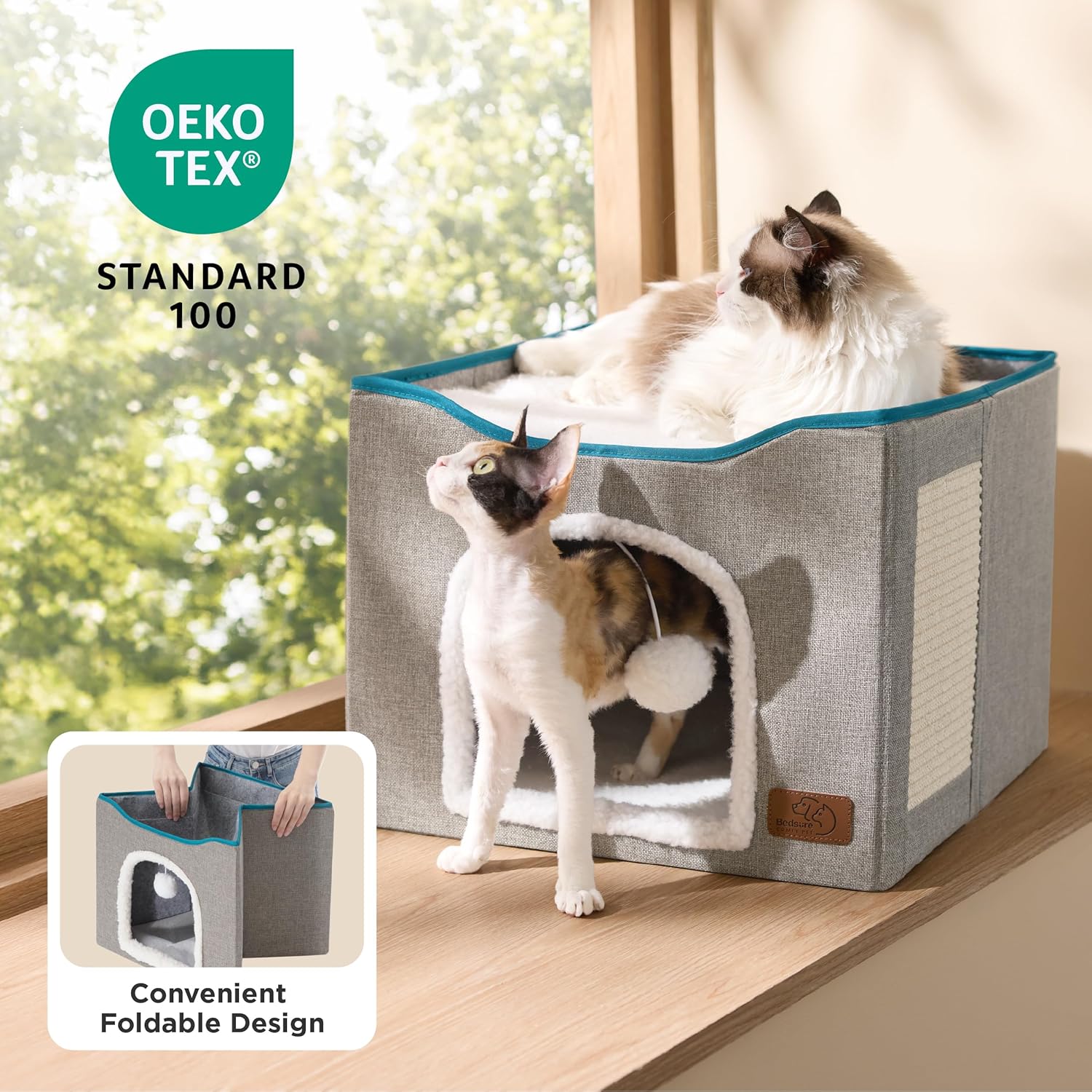 Cat Beds for Indoor Cats - Large Cat Cave for Pet Cat House with Fluffy Ball Hanging and Scratch Pad, Foldable Cat