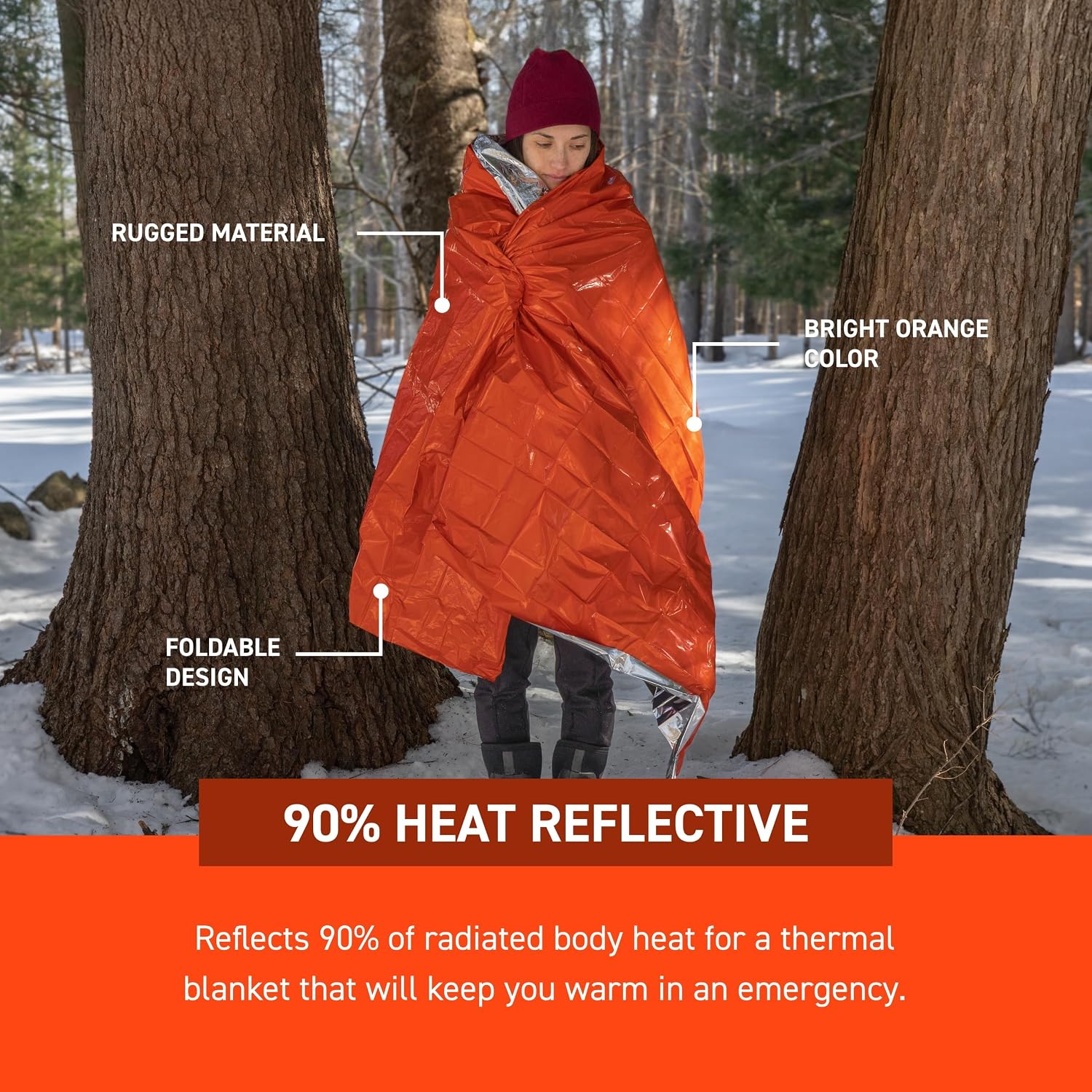 SOL 90% Heat Reflective Emergency Blanket, Orange, 56" x 84", 4 Pack | Vacuum-Metalized Polyethylene Blanket Resists