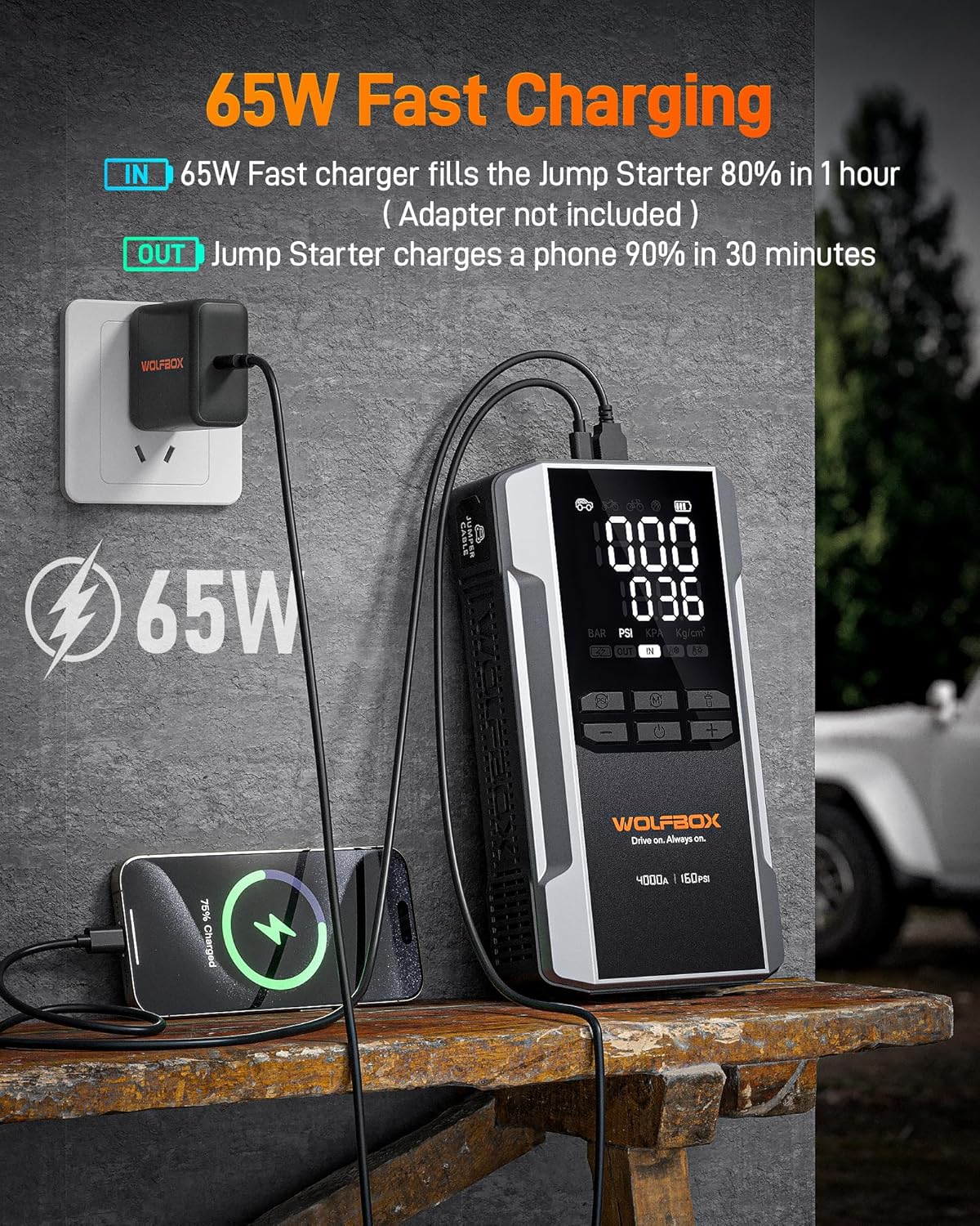 4000A Jump Starter with 160PSI Air Compressor, 12V Car Battery Booster, 88.8Wh Portable Jump Box (10.0 Gas/10.0L