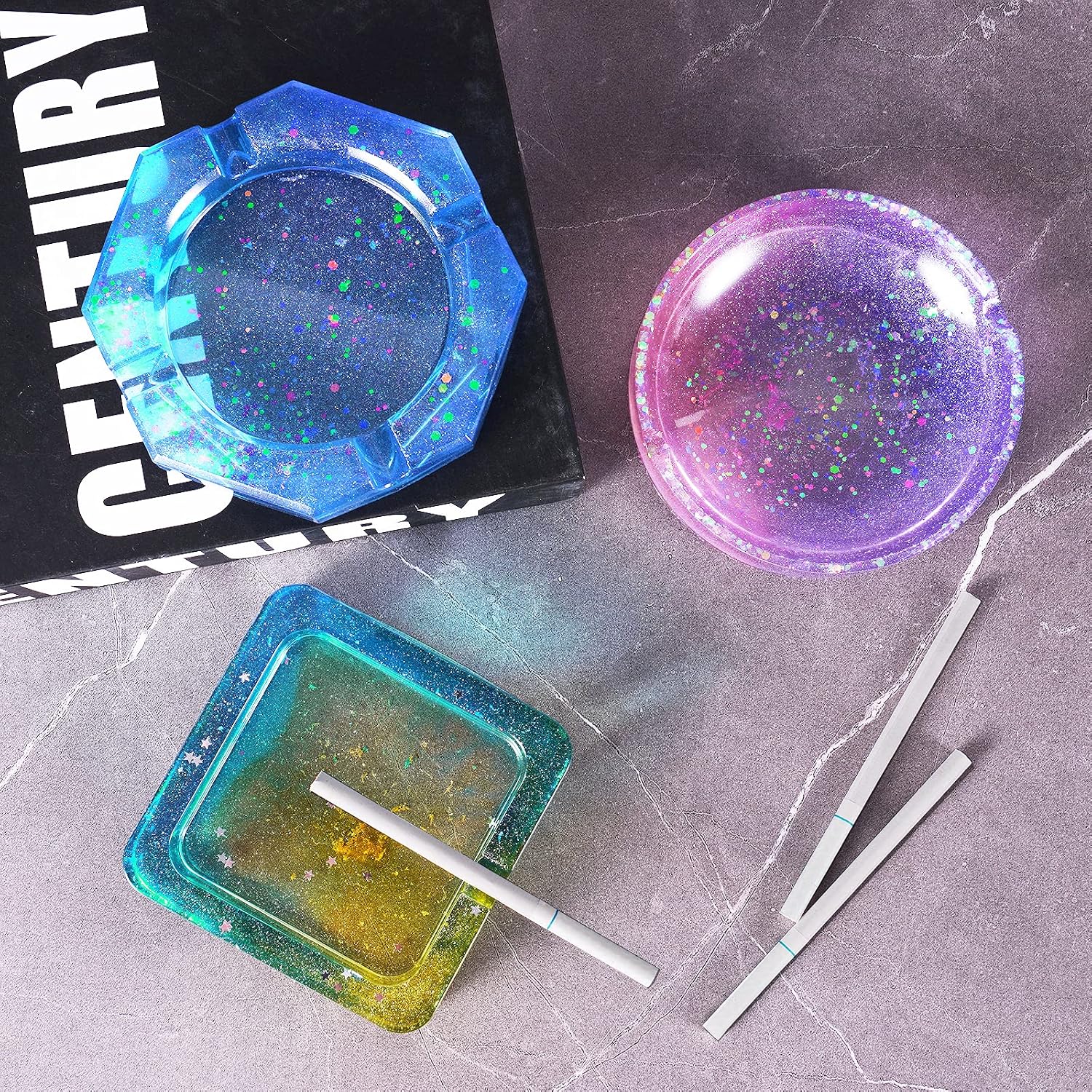 Epoxy Resin Silicone Molds Ashtray/Coaster 4 Shapes+9 Colors Glitter Powder Square/Round/Diamond DIY Casting Art