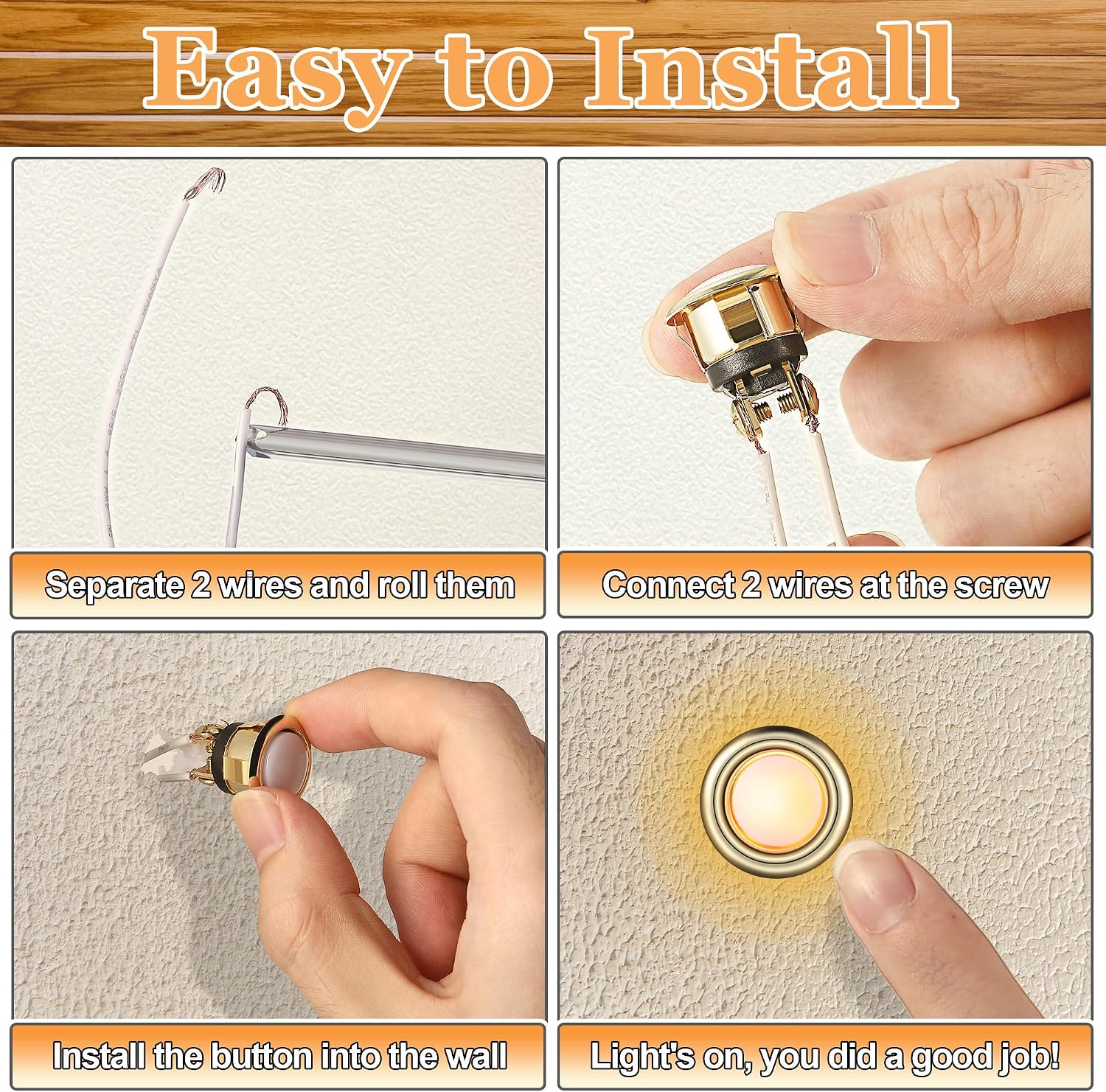 2 Pack Lighted Doorbell Button Replacement, Gold, Yellow Light | Easy to Install Wired Doorbell Button Push Door Bell