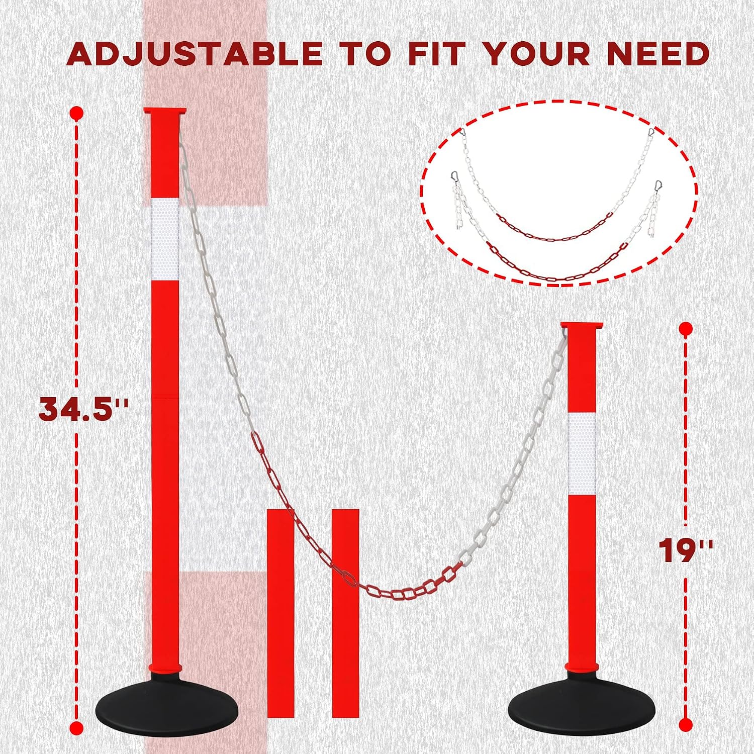 Traffic Delineator Post with Weighted Base & Reflective Collars, Adjustable Parking Cones with 4 FT Chains, Portable