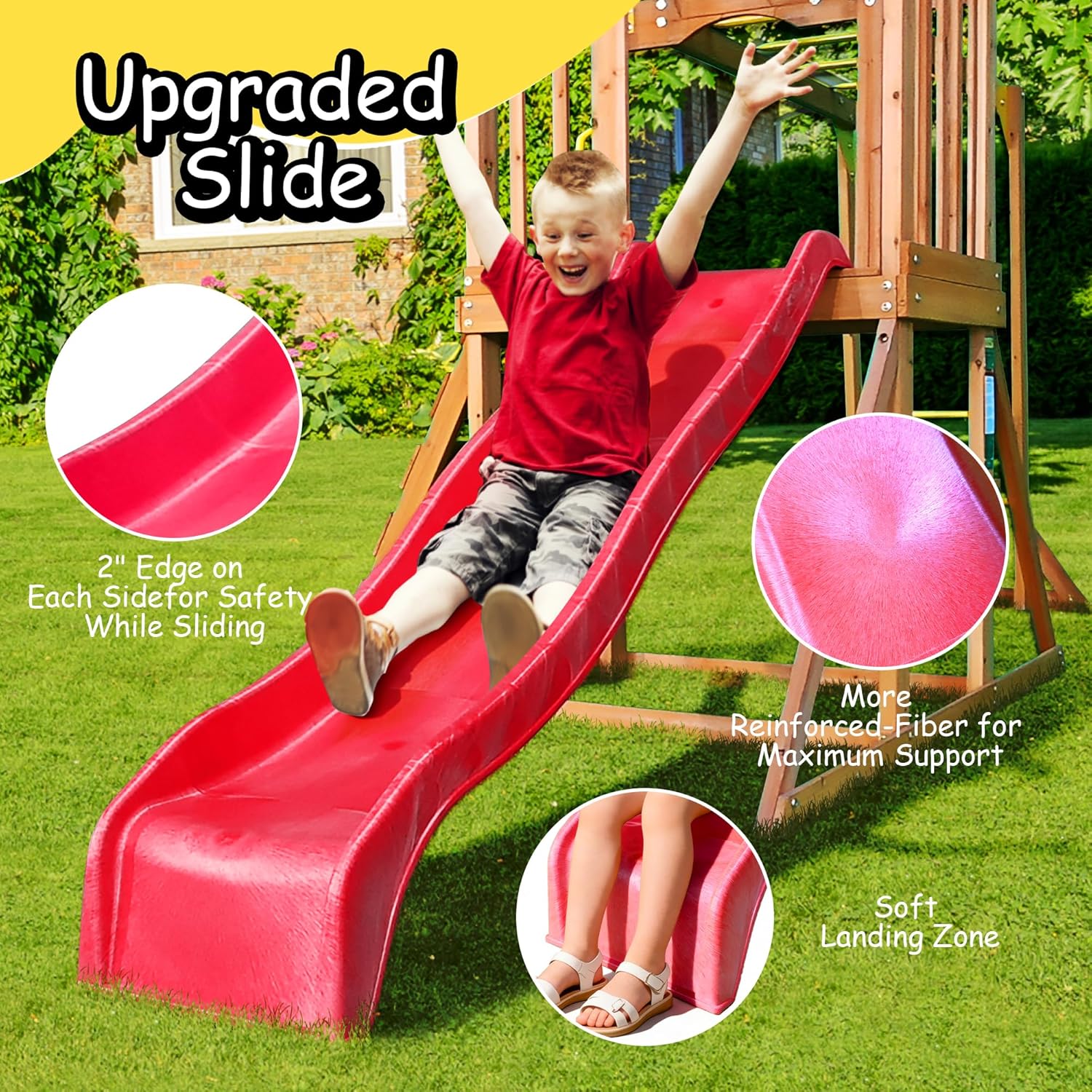 Wooden Swing Sets for Backyard, Kids Outdoor Playground Set with Monkey Bars, Wave Slide, 2 Belt Swings, Climbing