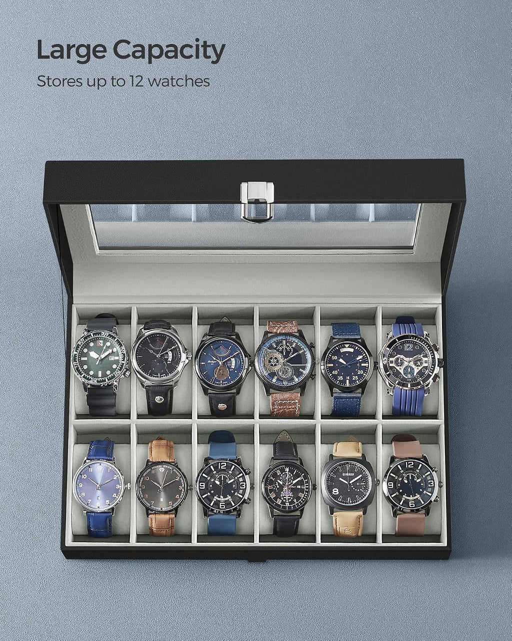 Watch Box, 12-Slot Watch Case Organizer with Large Glass Lid, Removable Pillows, Gift for Loved Ones, Black Synthetic