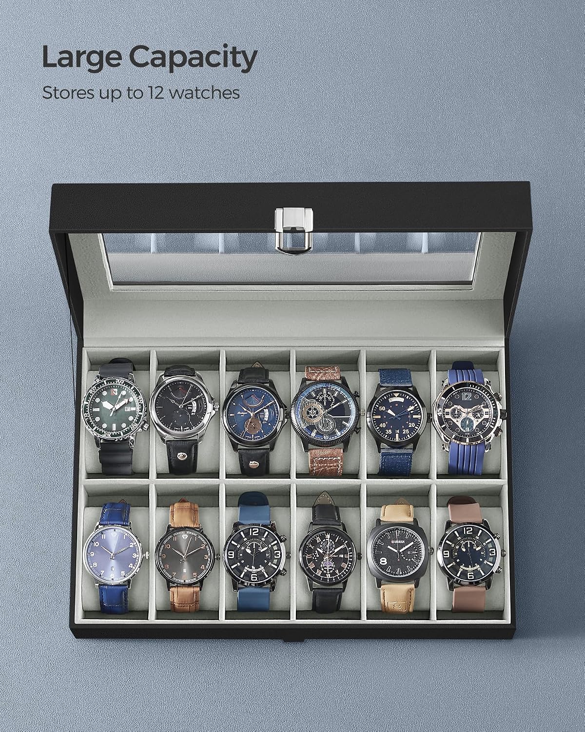 Watch Box, 12-Slot Watch Case Organizer with Large Glass Lid, Removable Pillows, Gift for Loved Ones, Black Synthetic