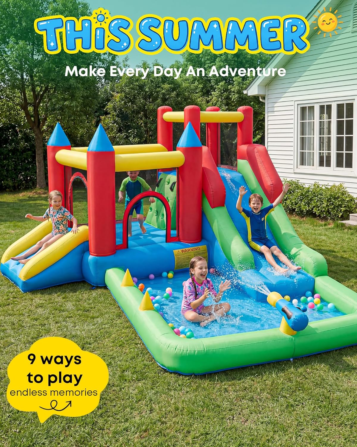 Inflatable Water Slide, 9-in-1 Bounce House for Kids Ages 3–6, Wet or Dry Bouncy Castle with Trampoline, Climbing
