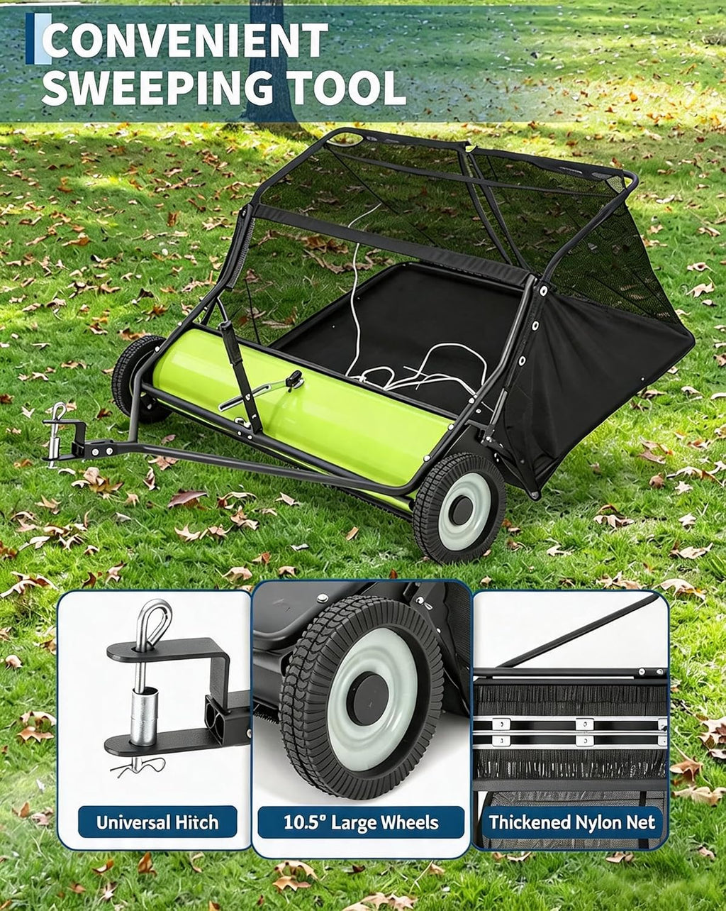 50 in Lawn Sweeper Tow Behind, 28 Cu. ft Large Hopper Leaf & Grass Collector, Heavy Duty Pull Behind Yard Sweeper