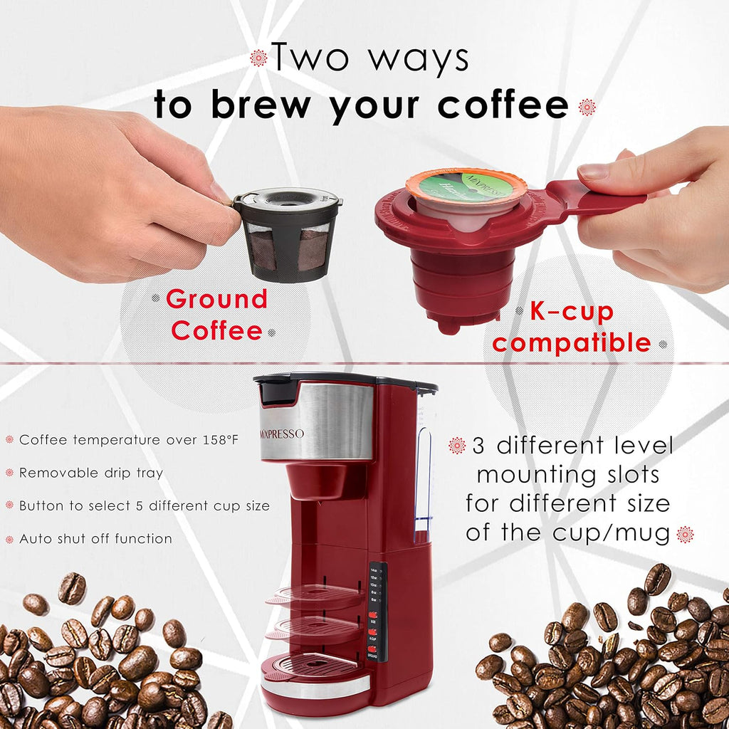 Red Single Serve Coffee Brewer K-Cup Pods Compatible & Ground | 30 oz Compact Coffee Maker Single Serve With 5 Brew