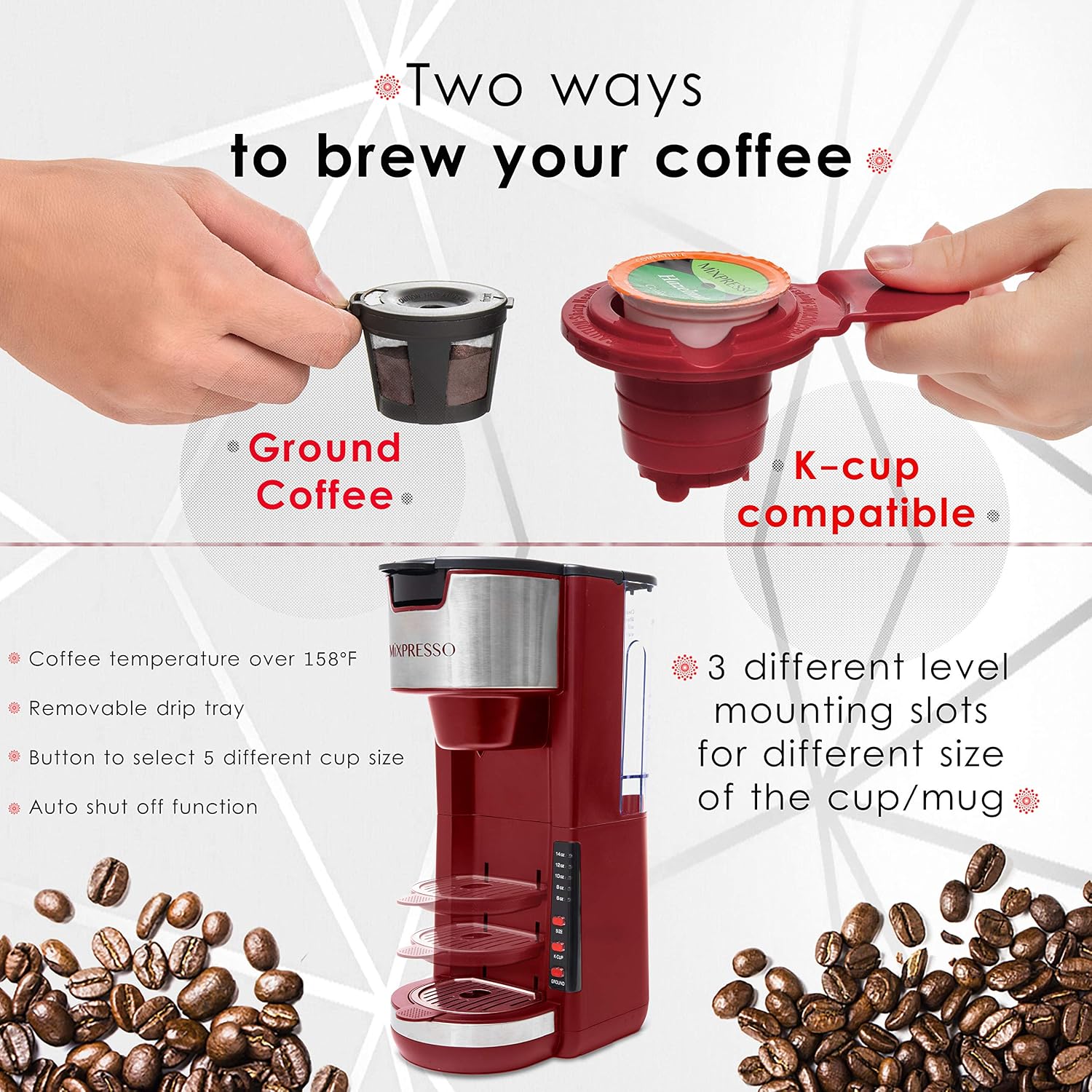 Red Single Serve Coffee Brewer K-Cup Pods Compatible & Ground | 30 oz Compact Coffee Maker Single Serve With 5 Brew