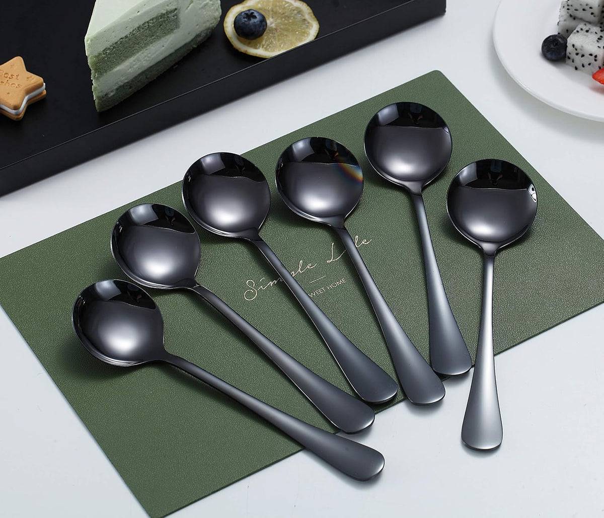 6-Piece Stainless Steel Round Spoons - Black Titanium Plated, Dishwasher Safe