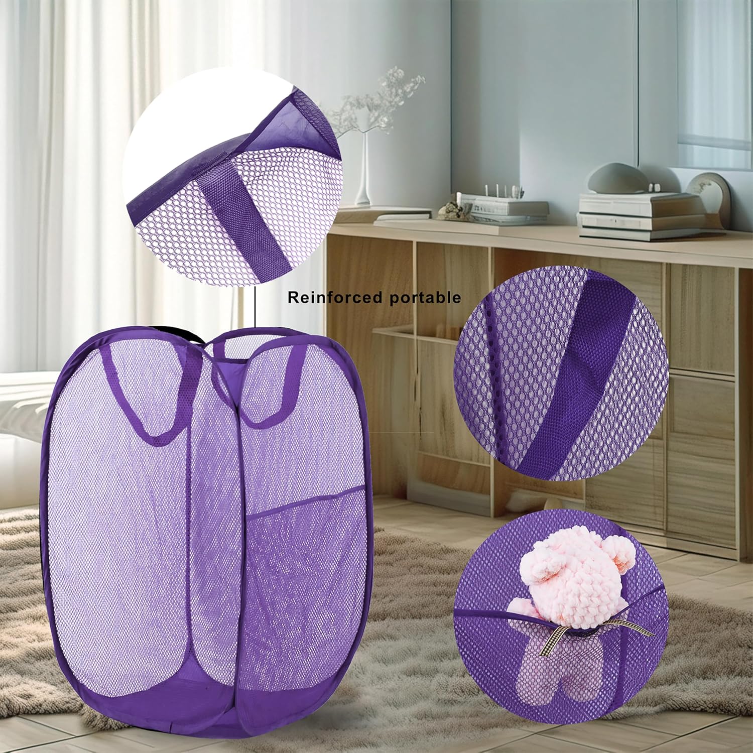 Pop Up Laundry Hamper, Mesh Laundry Basket Collapsible, Foldable Hamper for Travel and Storage (Purple)