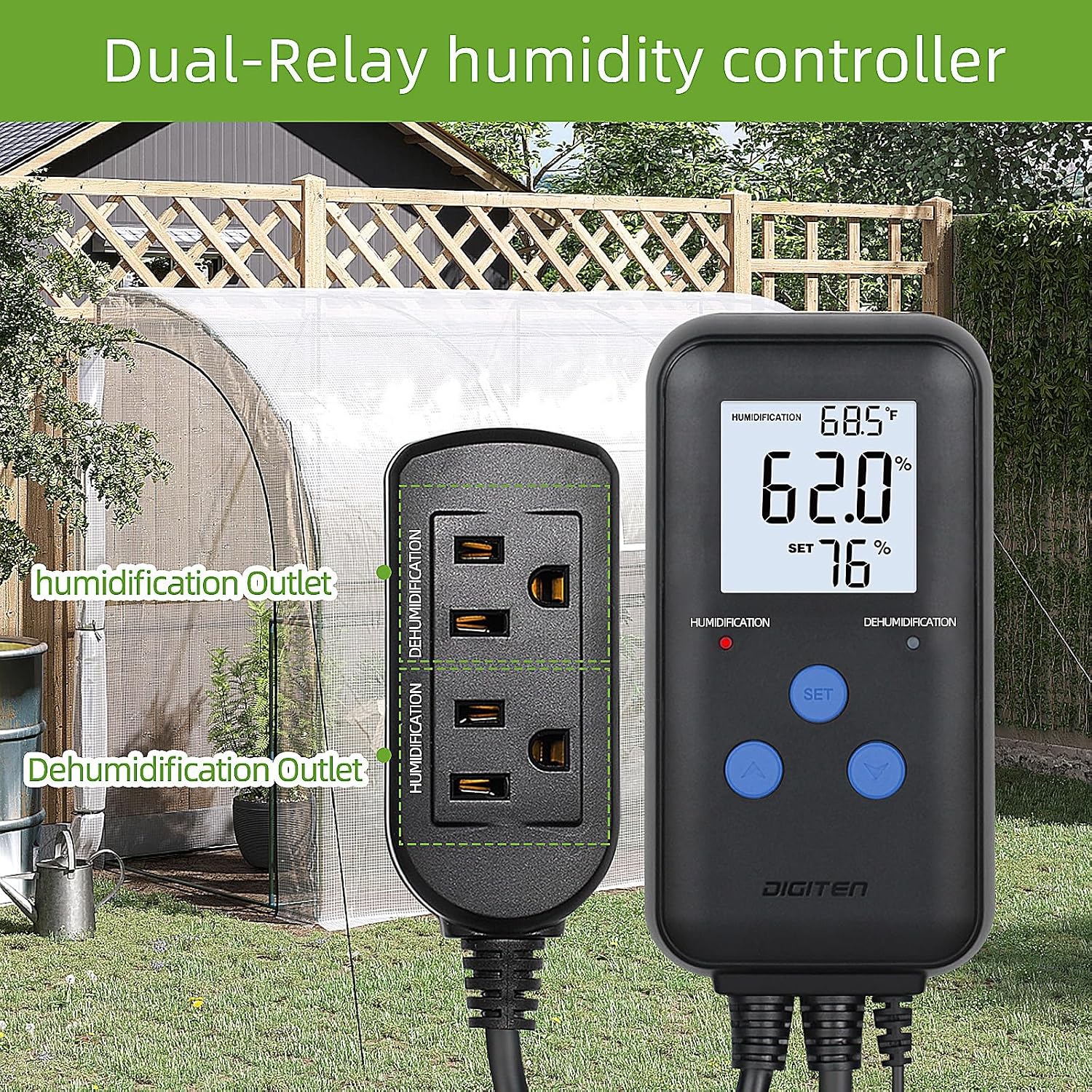 Humidity Controller with Temperature Display for Reptile, Mushroom | Pre-Wired Digital Humidistat, Dual-Stage Outlet