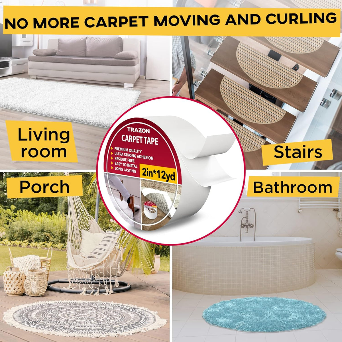 Carpet Tape Double Sided - Rug Tape Grippers for Hardwood Floors and Area Rugs - Carpet Binding Tape Strong Adhesive