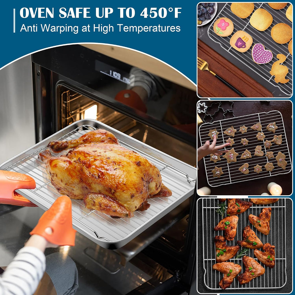 Baking Sheet with Wire Rack (2 Pans + 2 Racks), Large Stainless Steel Cookie Sheets Pan & Cooling Rack for Baking