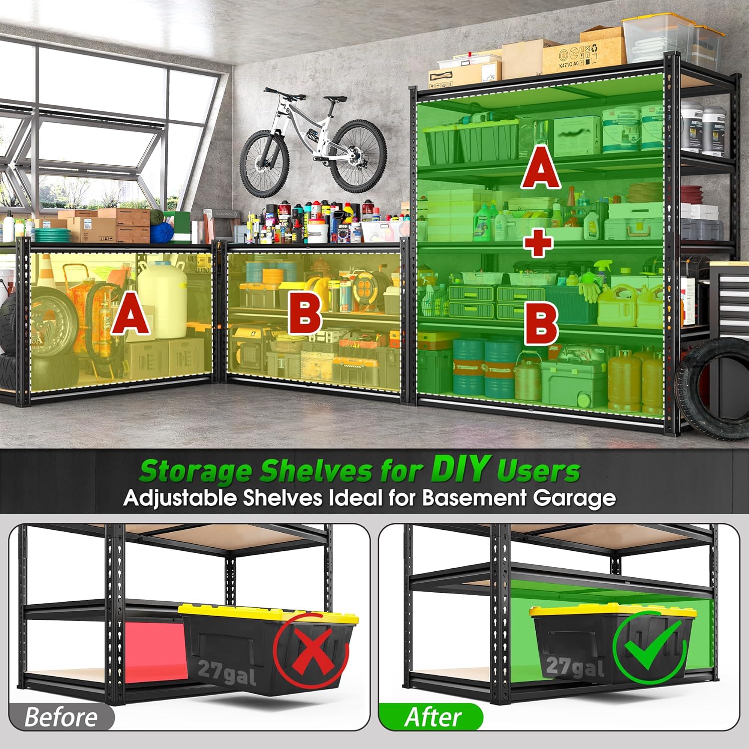 5 Tier Garage Shelving Unit,2300LBS Heavy Duty Metal Storage Shelves,Adjustable Boltless Utility Rack Organizer for