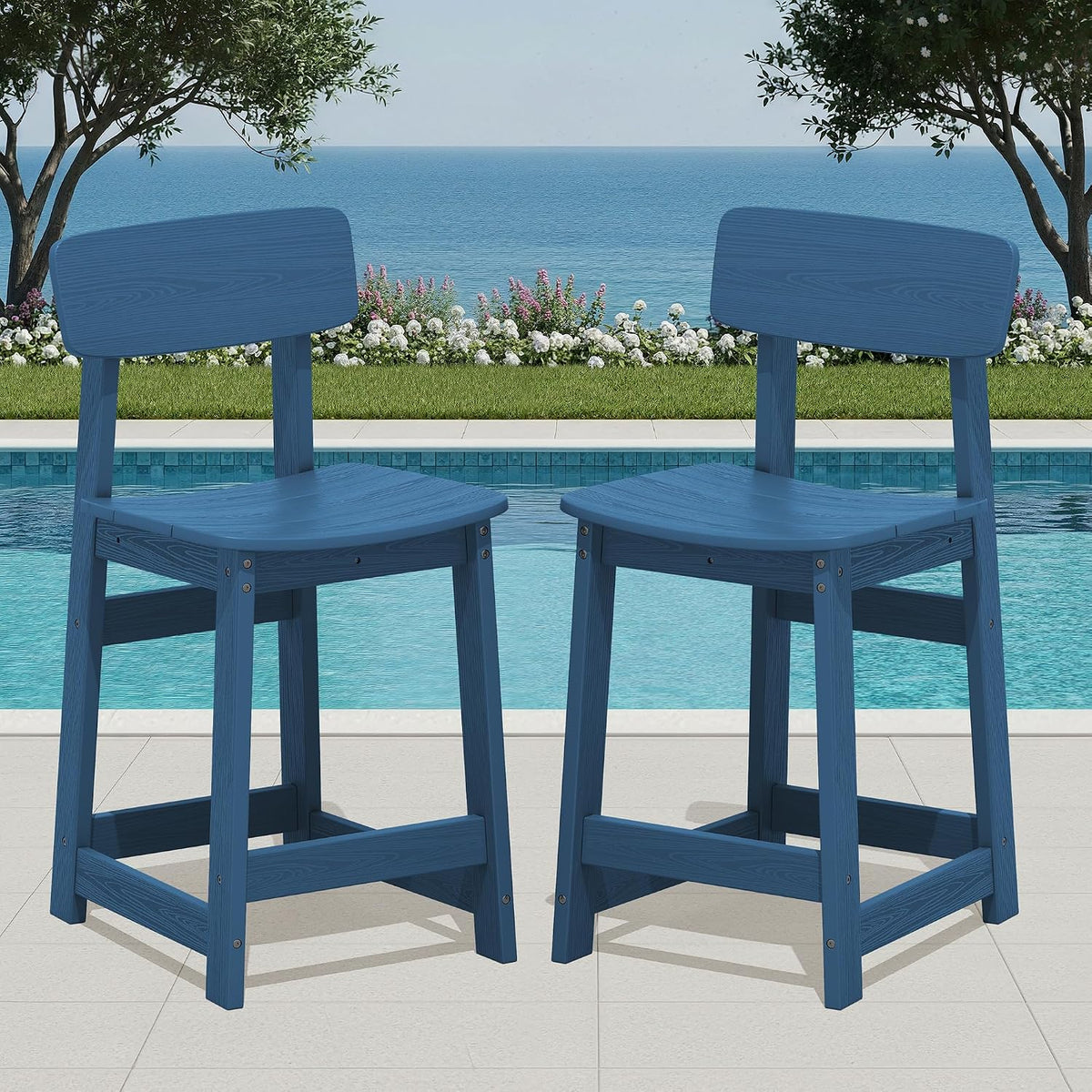 Outdoor HDPE Counter-Height Bar Stools Set of 2, Blue