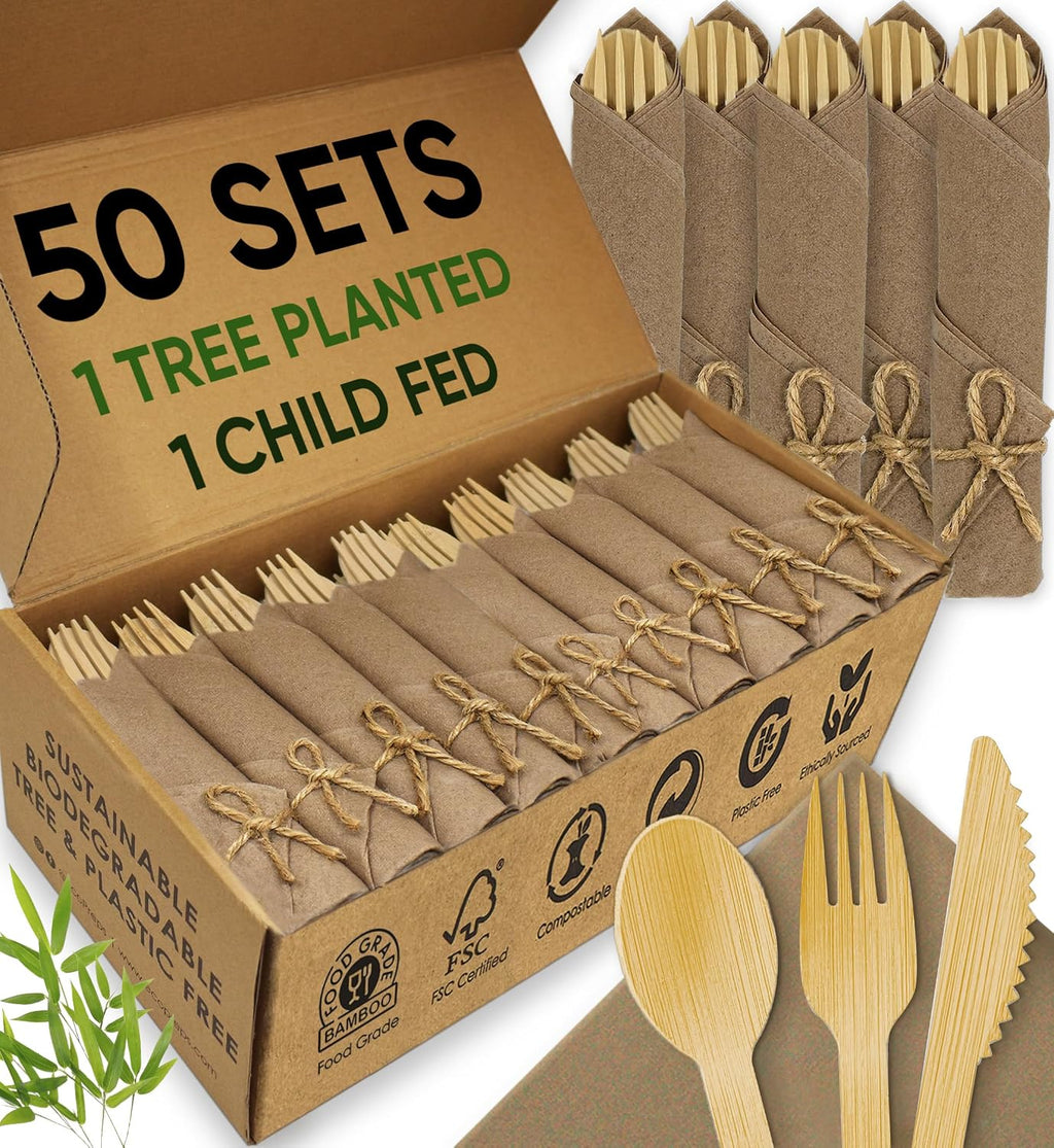 Brown Pre Rolled Napkin and Bamboo Cutlery Set (50 Pack, 200 PCS)