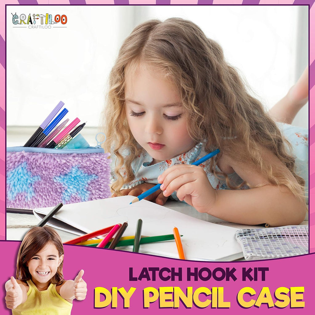 Latch Hook Kit for Kids - 2 DIY Rug Pencil Cases, Beginner Ages 8-12