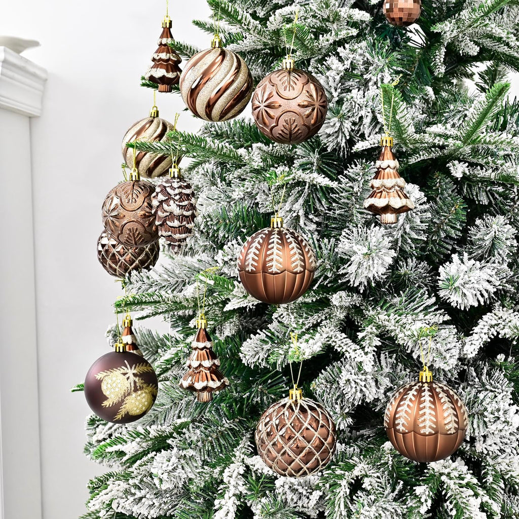 Christmas Ball Ornaments Set, 44ct 80mm Bronze Copper Gold Assorted Xmas Tree Ball Ornaments, Shatterproof Brown