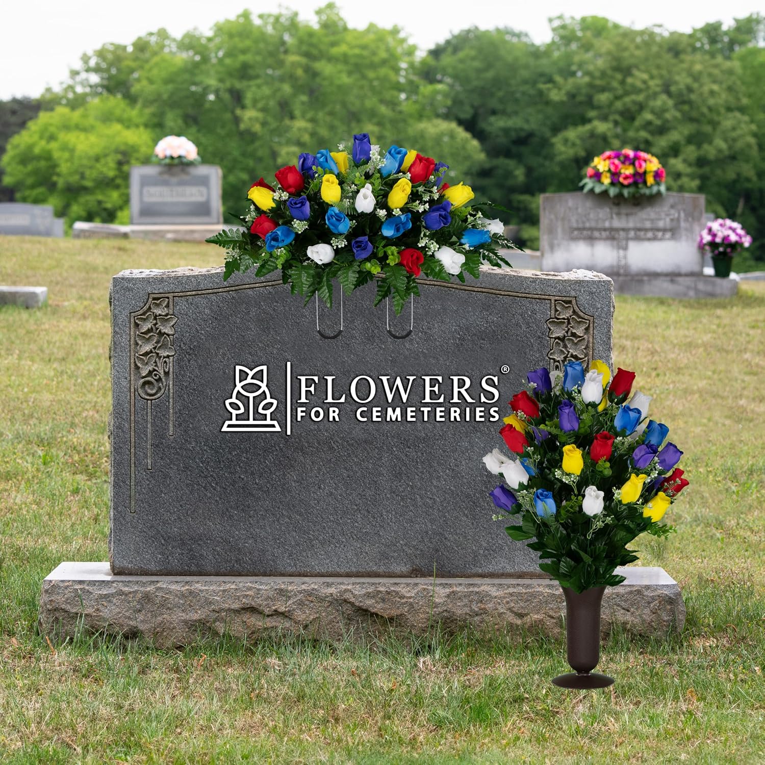 Artificial Cemetery Flowers - Gravesite Flowers - Multi Color Roses - (1) Headstone Flower Saddle & (1) Matching