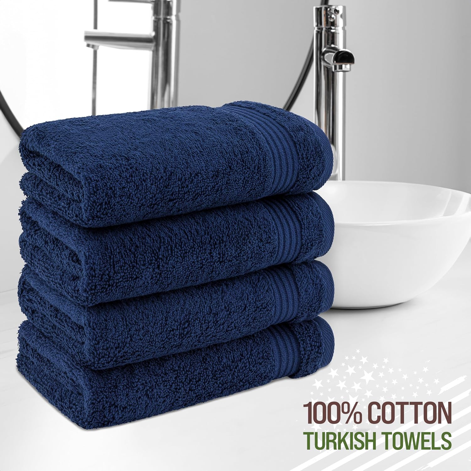 Hand Towels for Bathroom Set of 4, 100% Cotton Turkish Hand Towel Sets, Soft Hand Face Towels, Navy Blue Hand Towels
