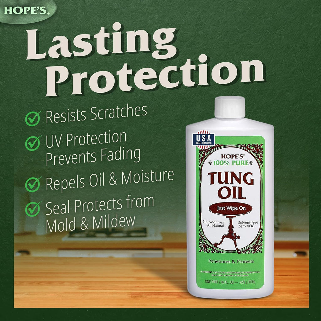 100% Pure Tung Oil, Food Safe, Premium Waterproof Natural Wood Finish and Sealer for Indoor and Outdoor Projects