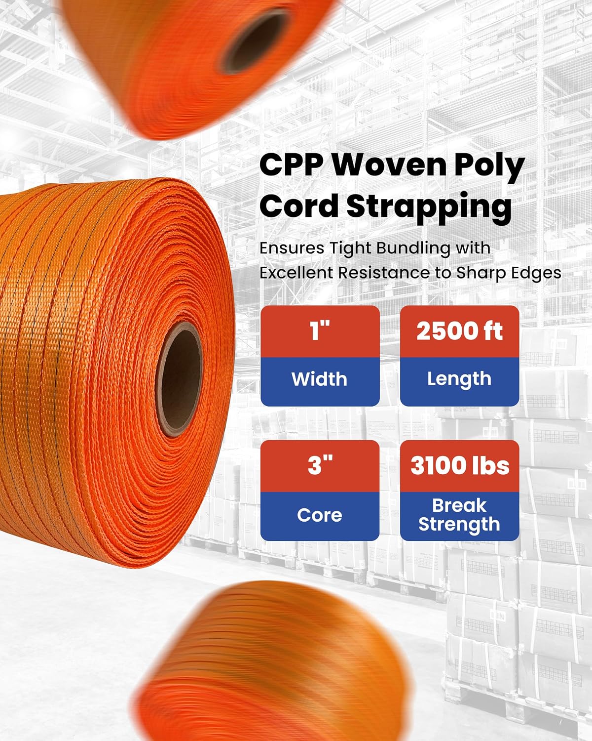 CPP 1" x 2500' Woven Polyester Strapping Cord - 3100 lbs Break Strength, Heavy Duty Strapping - Water, UV, Corrosion