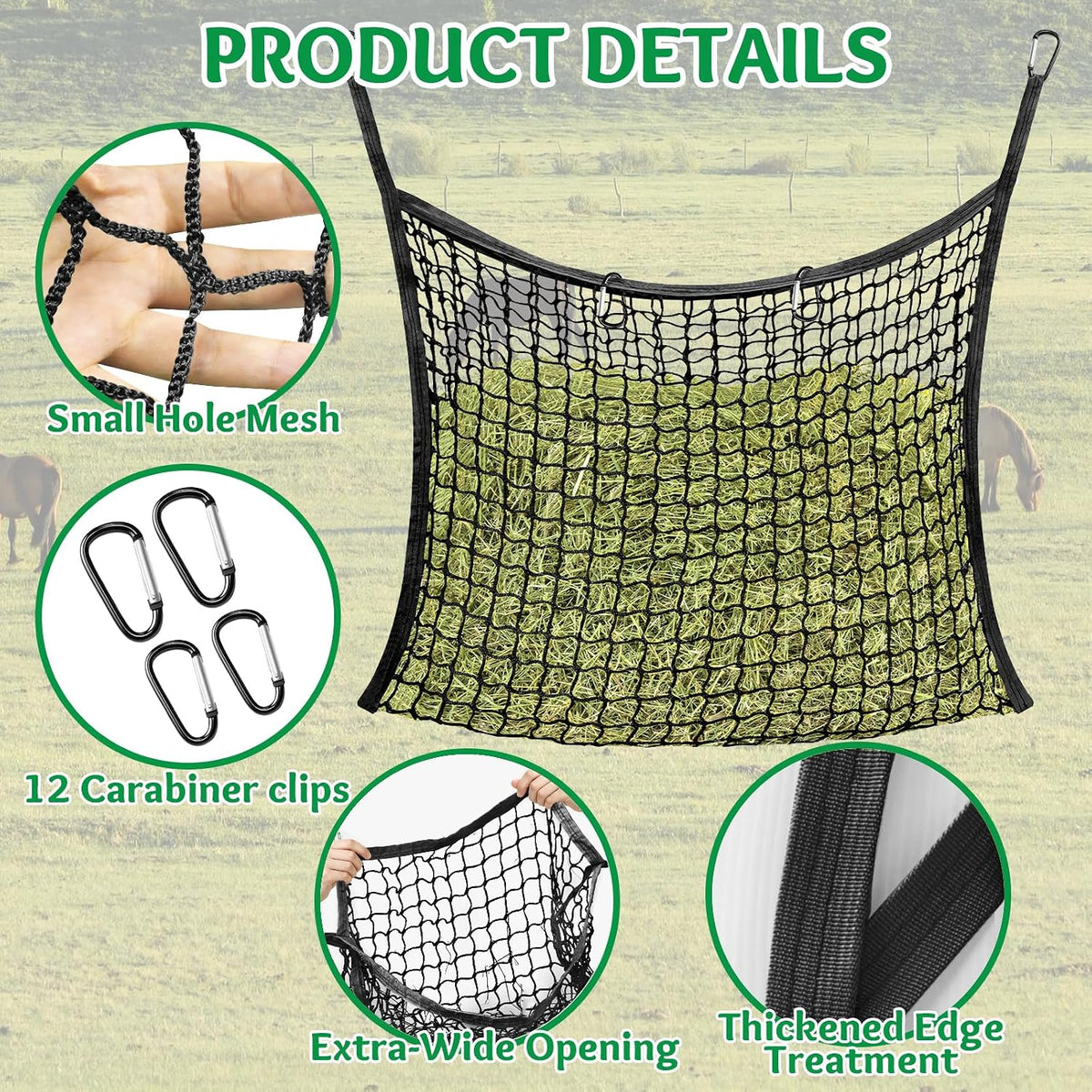 3 Pcs Hay Bags for Horses, Slow Feed Hay Nets for Horses Goat Sheep, Large Capacity Hay Feeder for Stall, Trailer