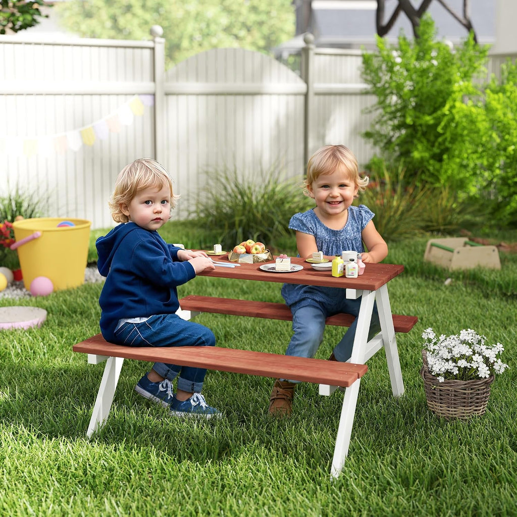 Kids Picnic Table Set Wooden Table & Bench Set for Ages 3-8 Brown | Kids Patio Furniture, Outdoor Toys