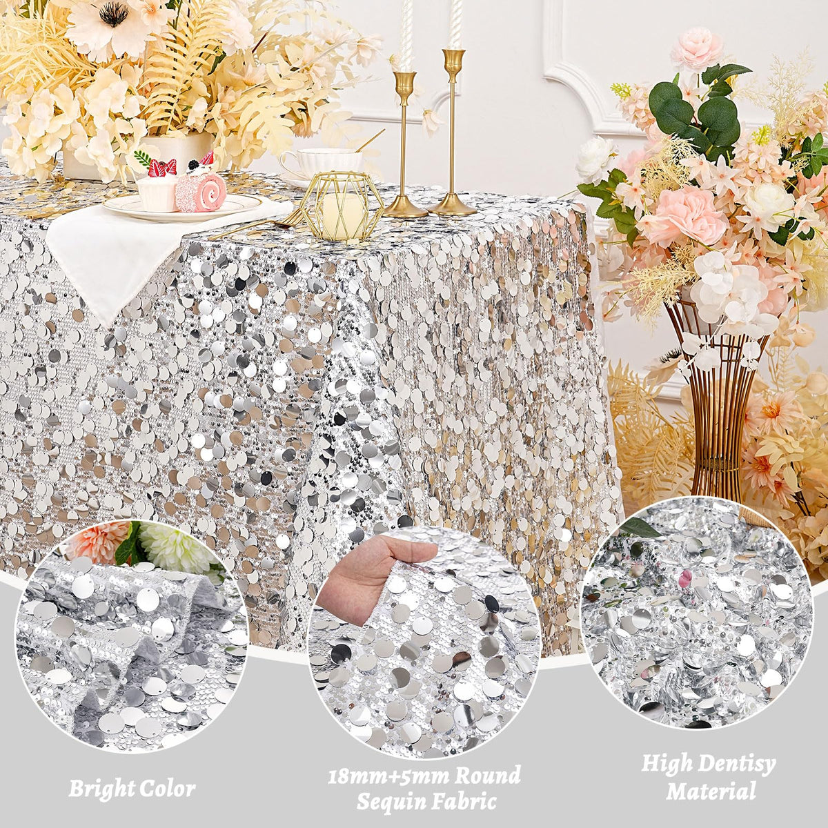 Silver Sequin Tablecloth 50x102 Inch Sparkly Rectangle Table Cloth