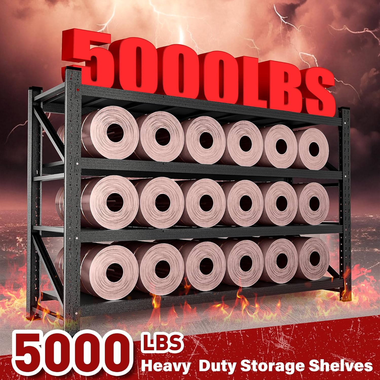 71.3" Wide Heavy Duty Garage Shelving Units,5000LBS Deep Storage Shelves,Black Metal Garage Shelves,Steel Shelf,Large