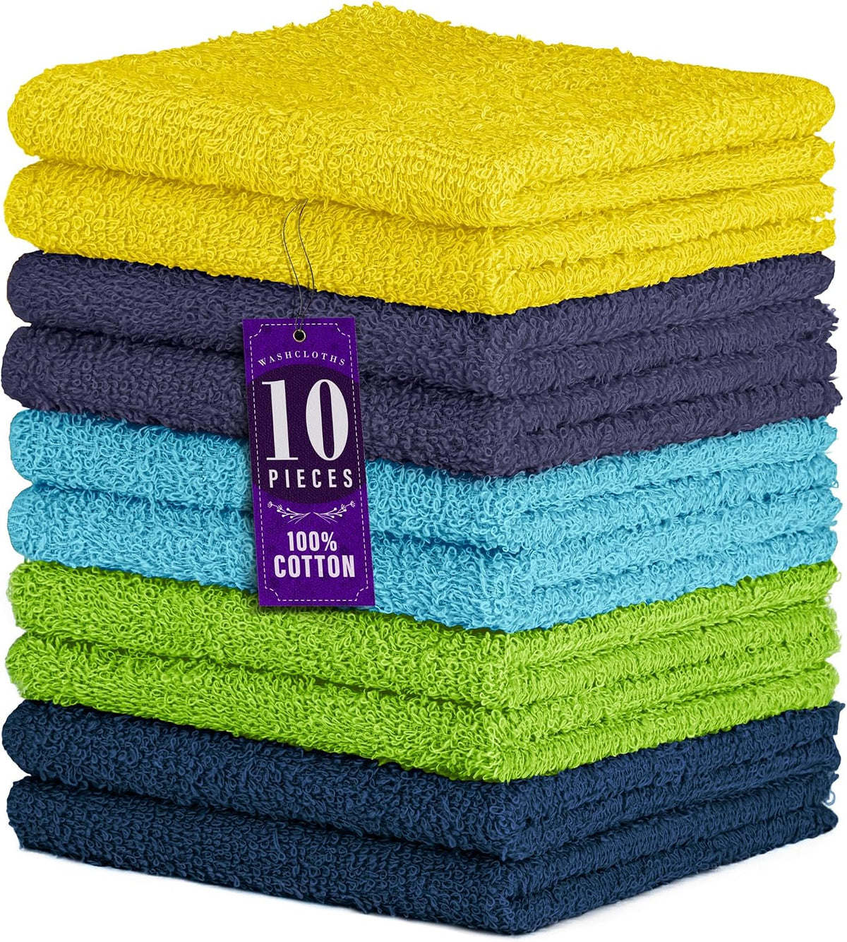 100% Cotton Washcloths 12x12 in, Assorted Set 3 (10 Pack)