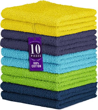 100% Cotton Washcloths 12x12 in, Assorted Set 3 (10 Pack)