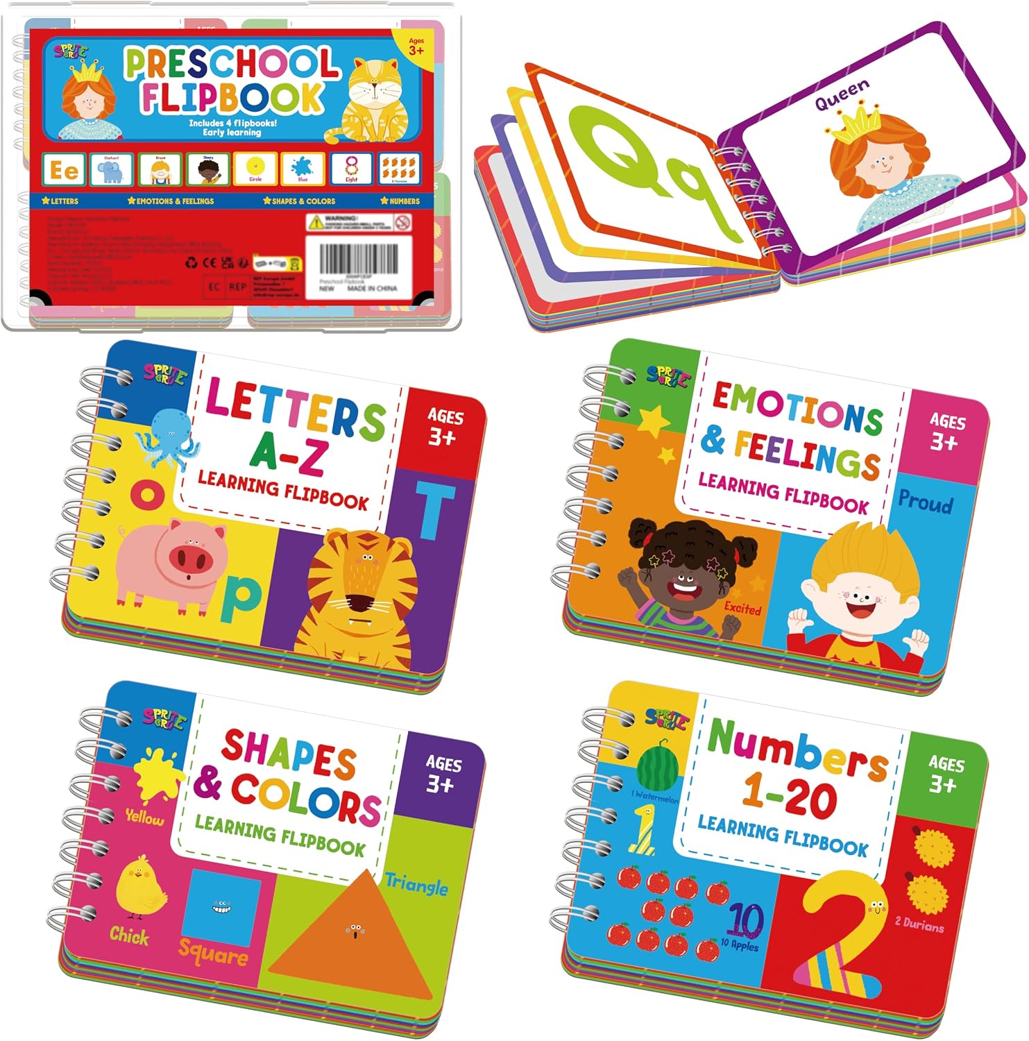 4 Preschool Learning Flipbooks, 96PCS Double Sided Printed Cards Set, Alphabet Letter A-Z, Number 1-20, Feelings and