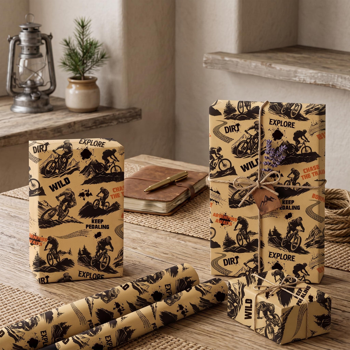 Mountain Bike Kraft Wrapping Paper Roll, Dirt Bike Life Gift Wrap for Cycling Lover, Birthday, Outdoor Party, 17 Inch