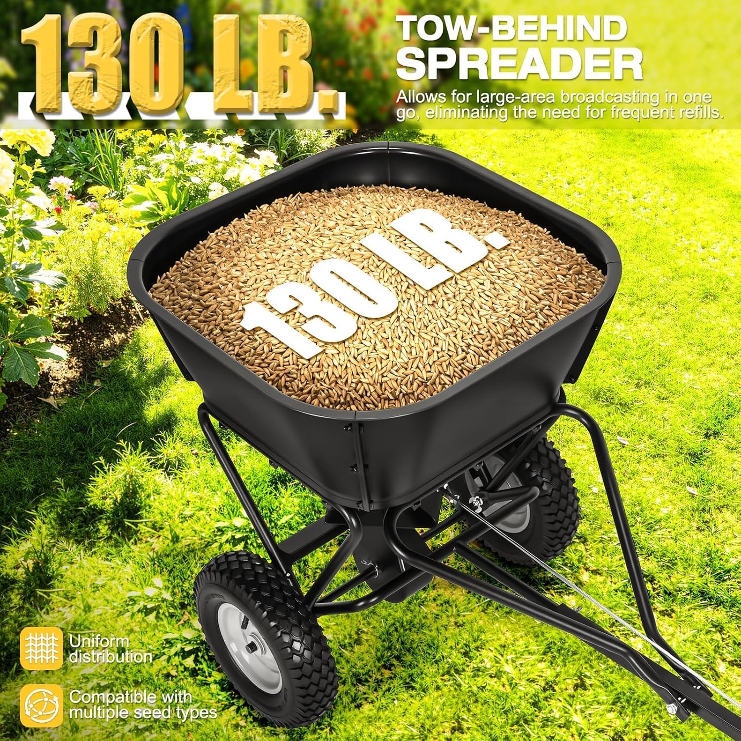 Tow Behind Broadcast Spreader, 130 LBS Capacity Lawn Fertilizer Spreader for Riding Mower, ATV, UTV & Tractor, 12 FT