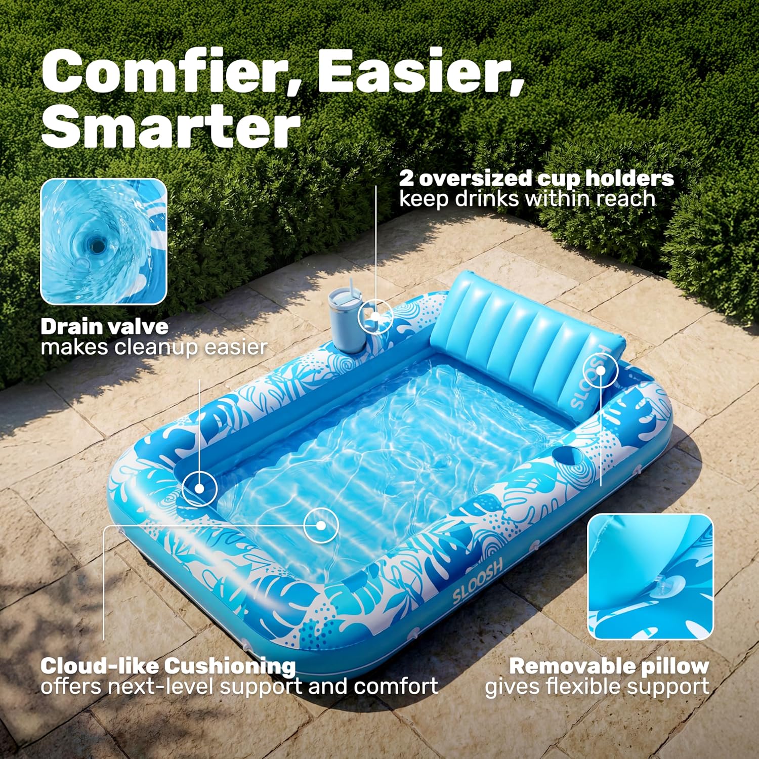 Inflatable Tanning Pool Lounger Float, 85" x 57" Extra Large Pool Floats Adult with Pillow, 4 in 1 Suntan Tub Raft