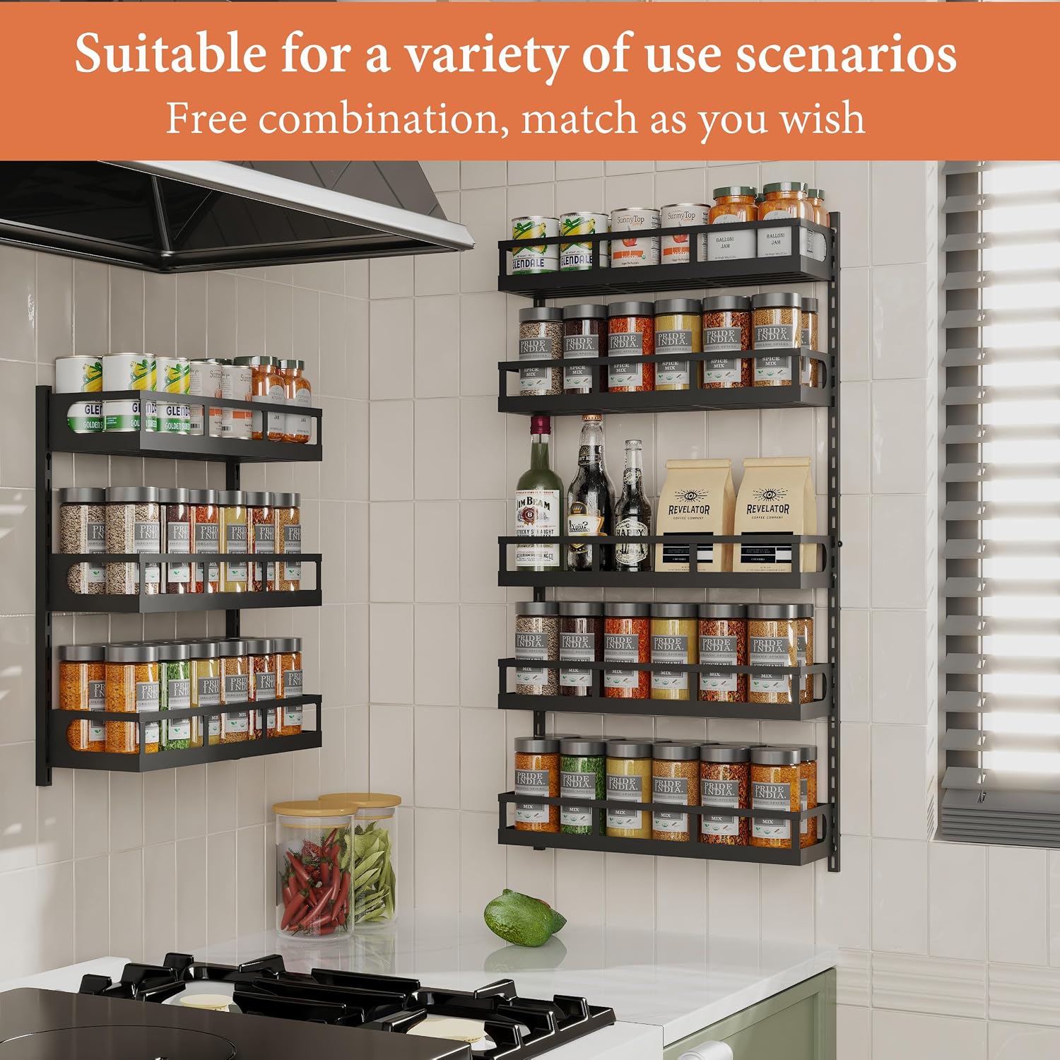 Wall Mount Spice Rack Organizer 5 Tier Height-Adjustable Hanging Spice Shelf Storage for Kitchen Pantry Cabinet