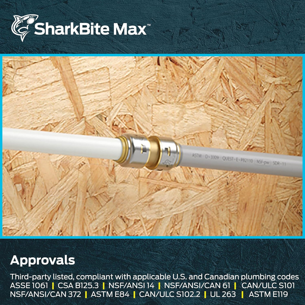 SharkBite Max 1/2 Inch Polybutylene Transition Coupling, Push to Connect Brass Plumbing Fitting, PEX Pipe, Copper, CPVC, PE-RT, HDPE, UR4008A