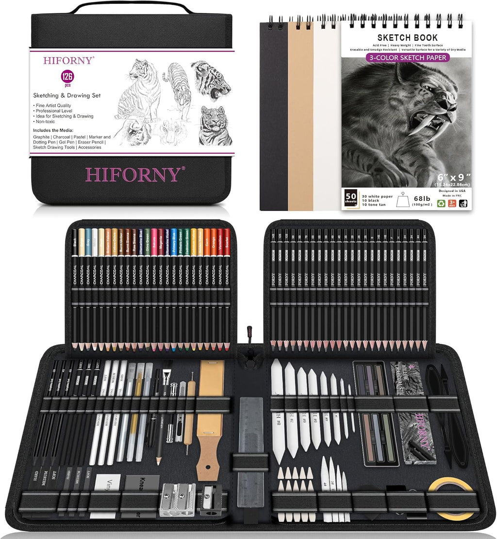 126 PCS Drawing Kit Sketching Pencil Set,Sketch Pencils Art Supplies with 3-Color